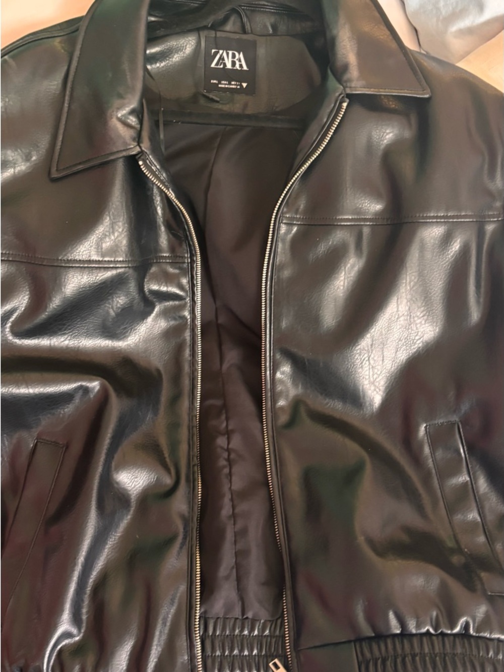 ZARA Black Glossy Faux Leather Bomber Jacket
